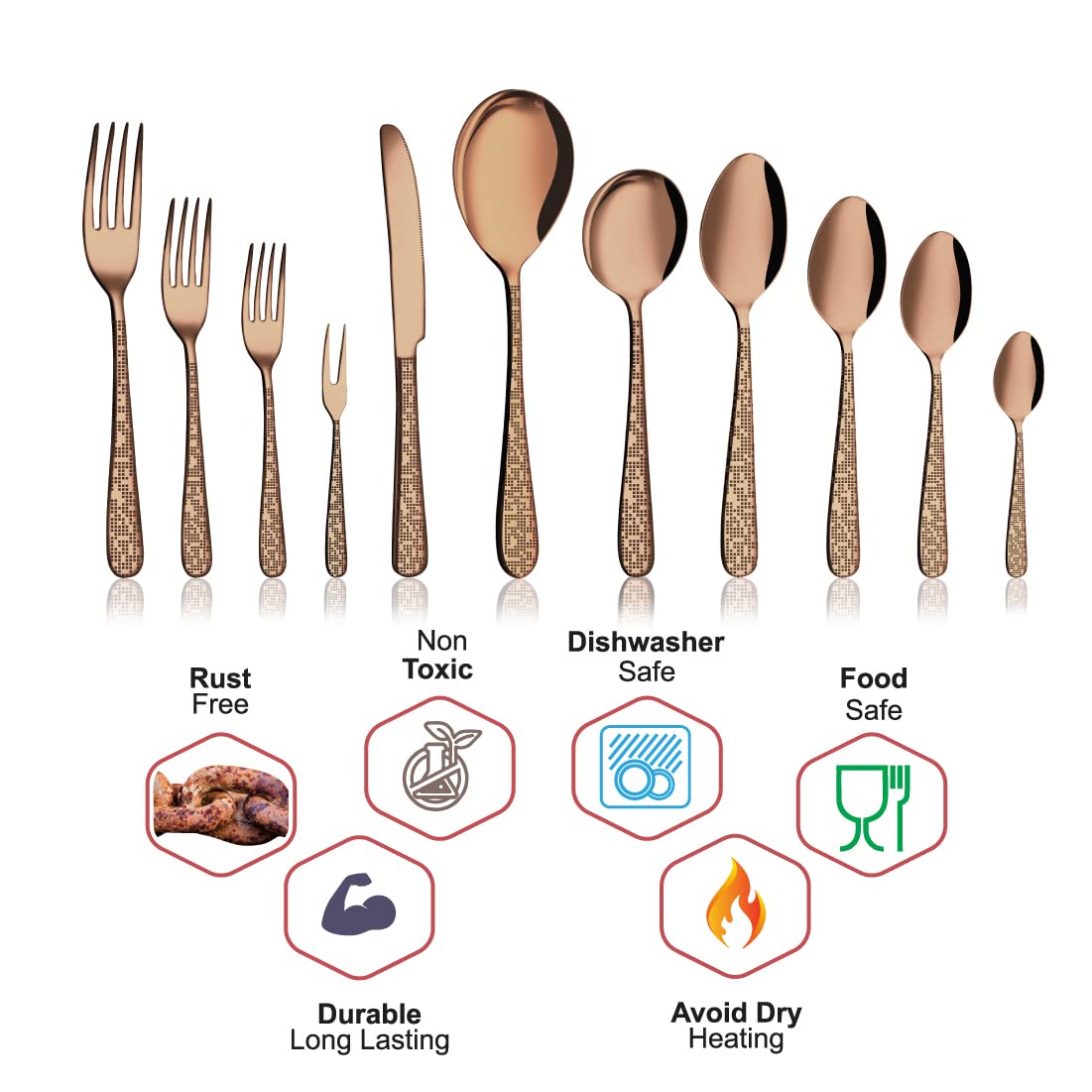 Stainless Steel Monika With Rose Gold PVD Coating & Laser Baby Spoon Set Of 6 Pieces | Easy To Clean & Dishwasher Safe