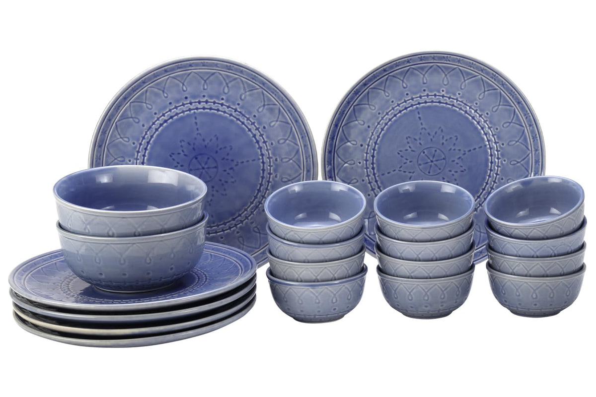 Handcrafted Stoneware Embossed Ceramic Dinner Set Of 20 Pcs With Serving Bowl Set - Mist Blue | 6 Dinner Plates+ 12 Small Dinner Bowls, 180ml Each+ 2 Serving Bowl, 1000ml Each | Serving For 6