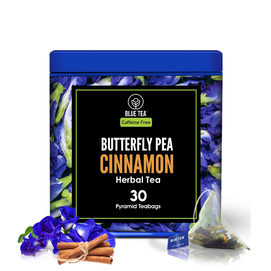 Blue Tea Butterfly Pea Flower Cinnamon Herbal Tea - 30 Pyramid Tea Bags | Supports Overall Health & Well Being - Caffeine Free, Non-GMO, Antioxidant-Rich