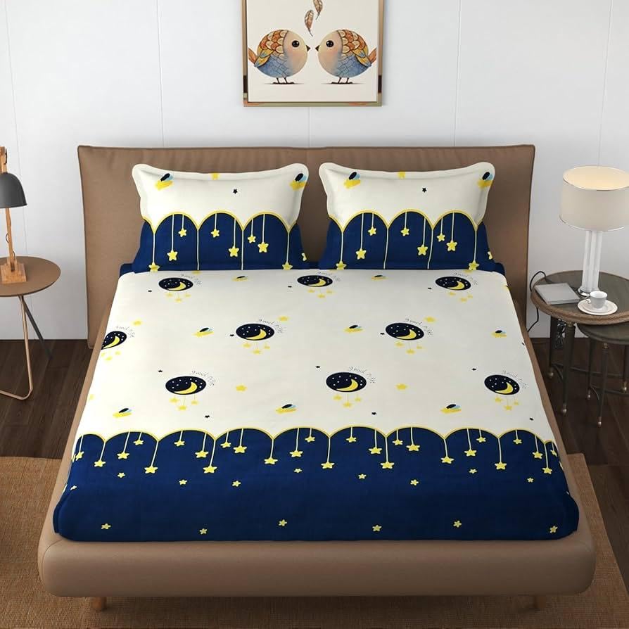 Printed Double Bedsheet With 2 Pillow Cover - 72 X 78 X 6 Inches, Cream & Blue | All Around Elastic Fitted Bedsheet | Super Soft Polycotton With 200 Thread Count