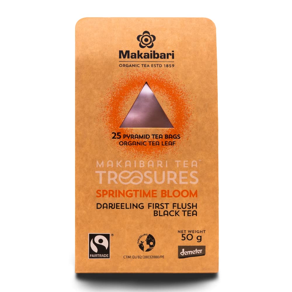 Makaibari Tea Treasures Spring Time Bloom First Flush Black Tea - 50gm, 1.7 Ounce, 25 Pyramid Tea Bags | Darjeeling Loose Leaf Black Tea - USDA Organic Certified Tea | Low Caffeine