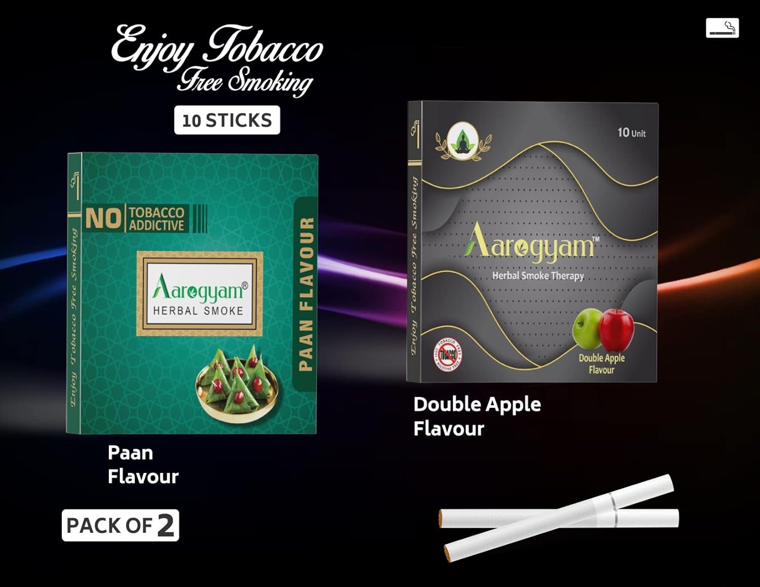 Double Apple & Paan Flavored Cigarette For Relieve Stress & Mood Enhance - 10 Sticks X 2 Packets - No Bad Smell, Non Addictive, No Harmful - Tobacco & Nicotine Free