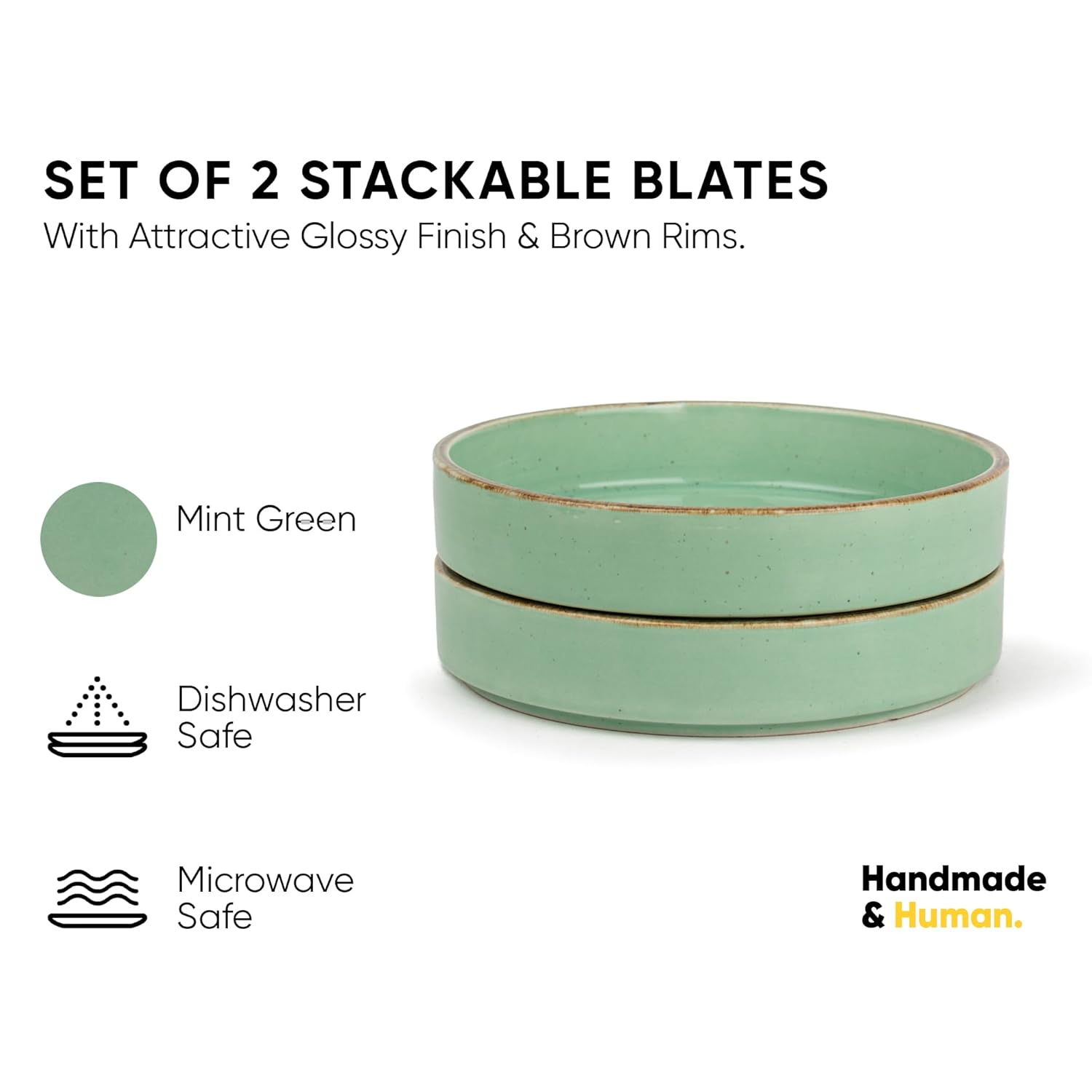 Stackable Ceramic Pasta Bowl Set Of 2 Pieces - 22cm, Mint Speckle | Ceramic Pasta Plate With Matte Finish | Deep Plate - Ceramic Bowl | Pasta Serving Plate