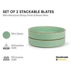 Stackable Ceramic Pasta Bowl Set Of 2 Pieces - 22cm, Mint Speckle | Ceramic Pasta Plate With Matte Finish | Deep Plate - Ceramic Bowl | Pasta Serving Plate