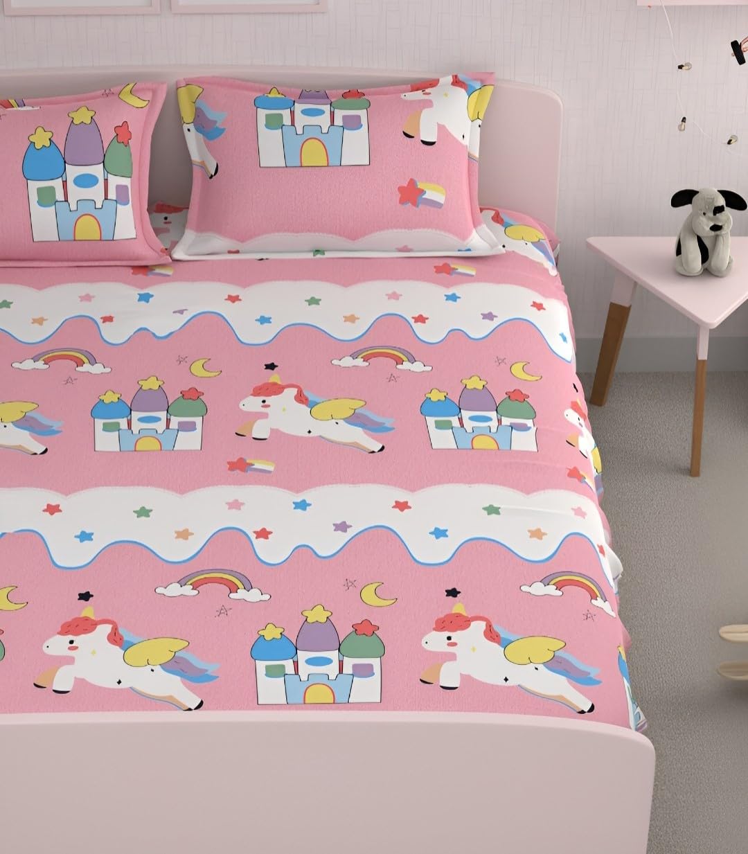 Wrinkle Free Soft Kids Double Bedsheets For King Size With 2 Pillow Cover | 90 X 95 Inches, Pink & White | Cartoon Printed Design | Child Bedroom Decor