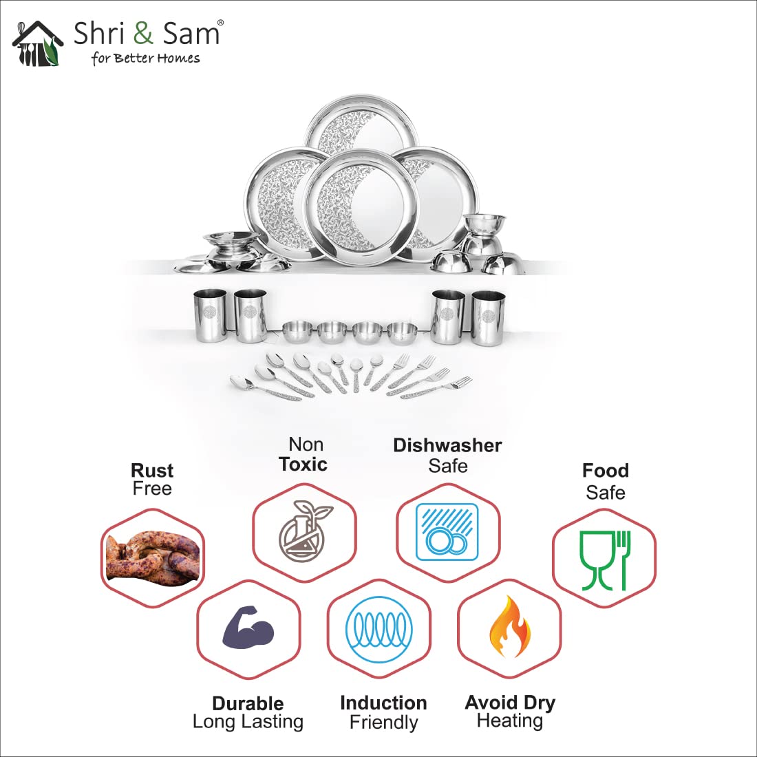 Designer Stainless Steel Delight Laser Bloom Leaf Dinner Set Of 32 Pieces | 4 Dinner Plates+ 4 Glasses+ 4 Bowls+ 4 Chutney Bowls+ 4 Pudding Bowls+ 4 Dessert Spoons+ 4 Dessert Fork+ 4 Tea Spoons