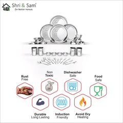 Designer Stainless Steel Delight Laser Bloom Leaf Dinner Set Of 32 Pieces | 4 Dinner Plates+ 4 Glasses+ 4 Bowls+ 4 Chutney Bowls+ 4 Pudding Bowls+ 4 Dessert Spoons+ 4 Dessert Fork+ 4 Tea Spoons