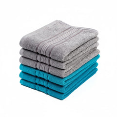 Akiko Home 100% Cotton Essential Series Hand Towels 1200 Gsm | Soft, Absorbent & Durable, Cotton Hand Towel For Bathroom Use, Gentle On Skin- Pack Of 6 (Grey & Teal)