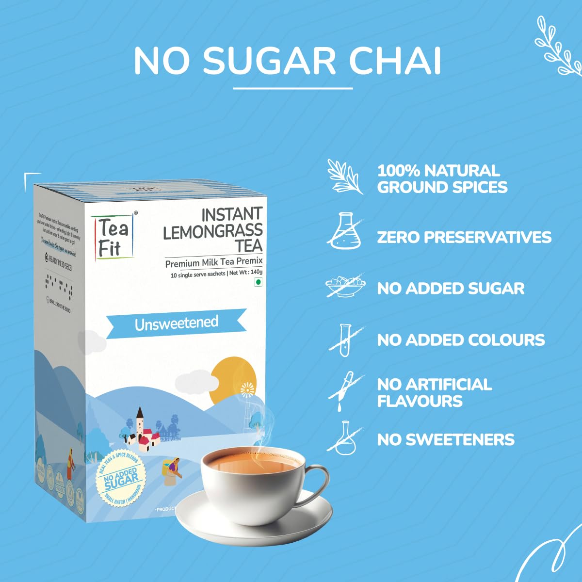 Teafit Unsweetened Instant Lemongrass Tea Premix - Pack Of 100 Sachets, 1.4 Kg, 49.3 Ounce | Premium Milk Tea Premix, Just Add Water - Strong Home Like Chai Tea | Low Caffeine