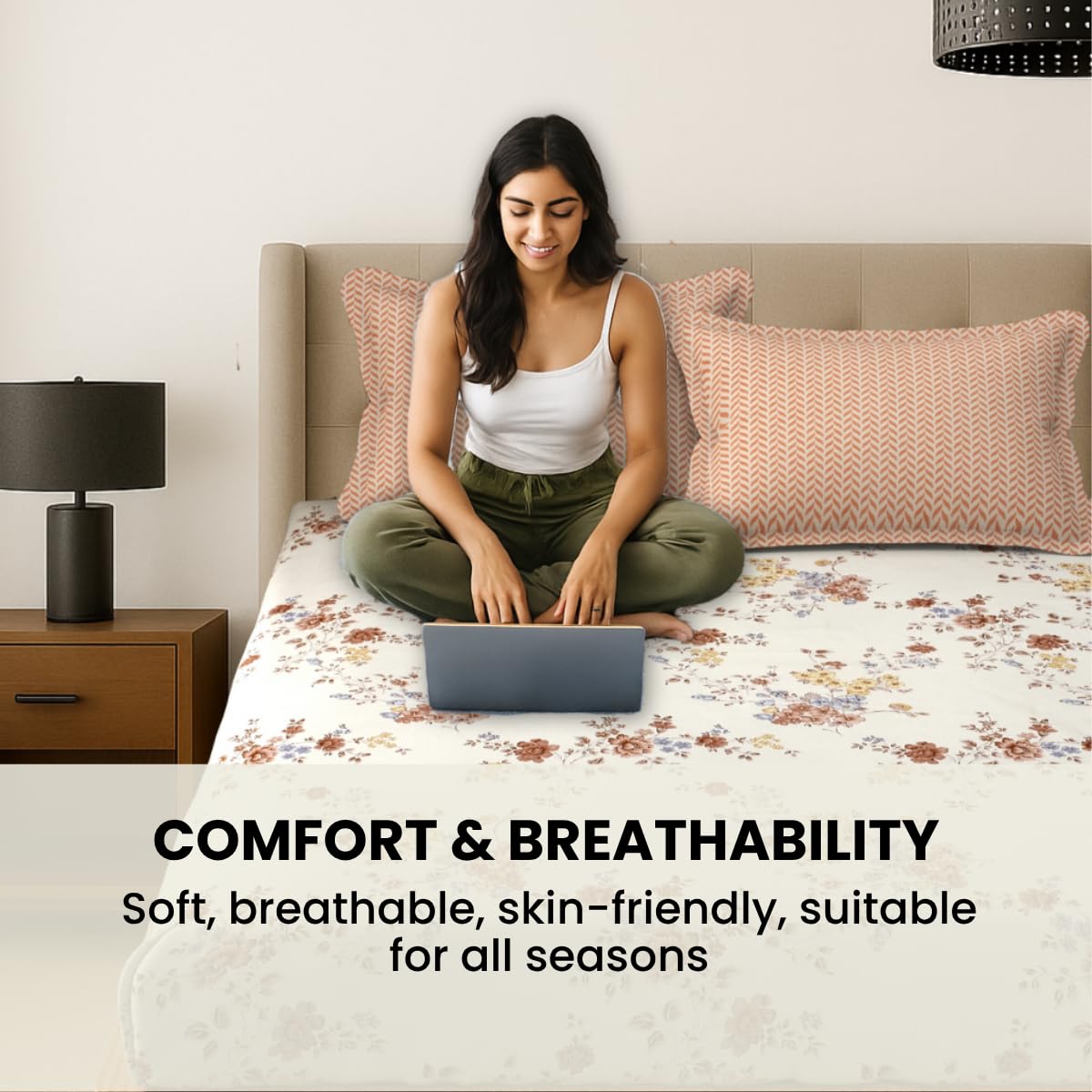 Double Bedsheet For Queen Size - 90 X 100 Inches, Cream & Brown With 2 Pillow Cover | Soft, Breathable & Fade Resistant | Comfortable For All Seasons