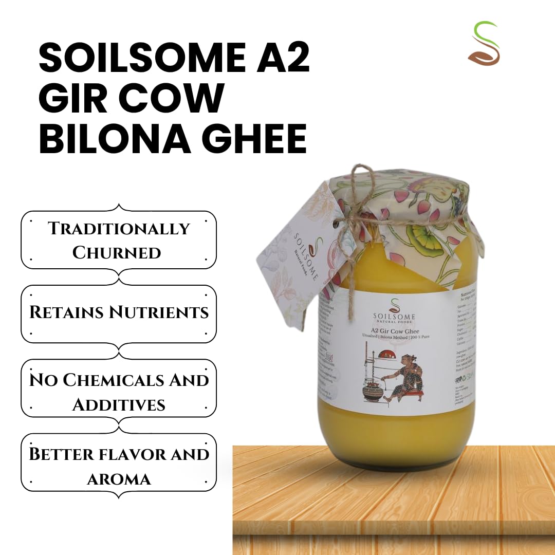 100% Pure A2 Gir Cow Ghee By Soilsome | Delicious & Nutrients Protein Fiber Vedic Bilona Method Healthy Desi Ghee Good For Bones Health | (1 Litre) 33.8 Ounce | Jar Pack