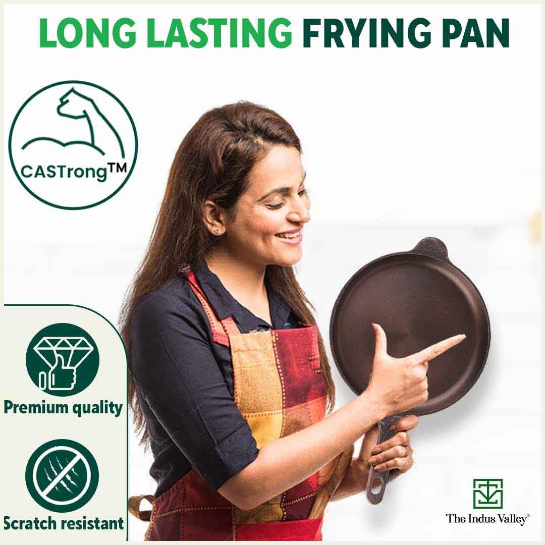 Super Smooth Black Cast Iron Shallow Fry Pan With Long Handle - Medium, 25.4cm, 10 Inch, 1.8 Kg | Induction Friendly, Nonstick Pre-Seasoned Fry Pan, 100% Pure & Toxin Free, No Chemical Coating