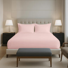 Plain Cotton Elastic Fitted Bedsheets Queen Size Two Pillow Cover - 63 X 78 Inches, Light Pink | Breathable & Smooth Bedding Wrinkles | Elegant Hotel Like Look