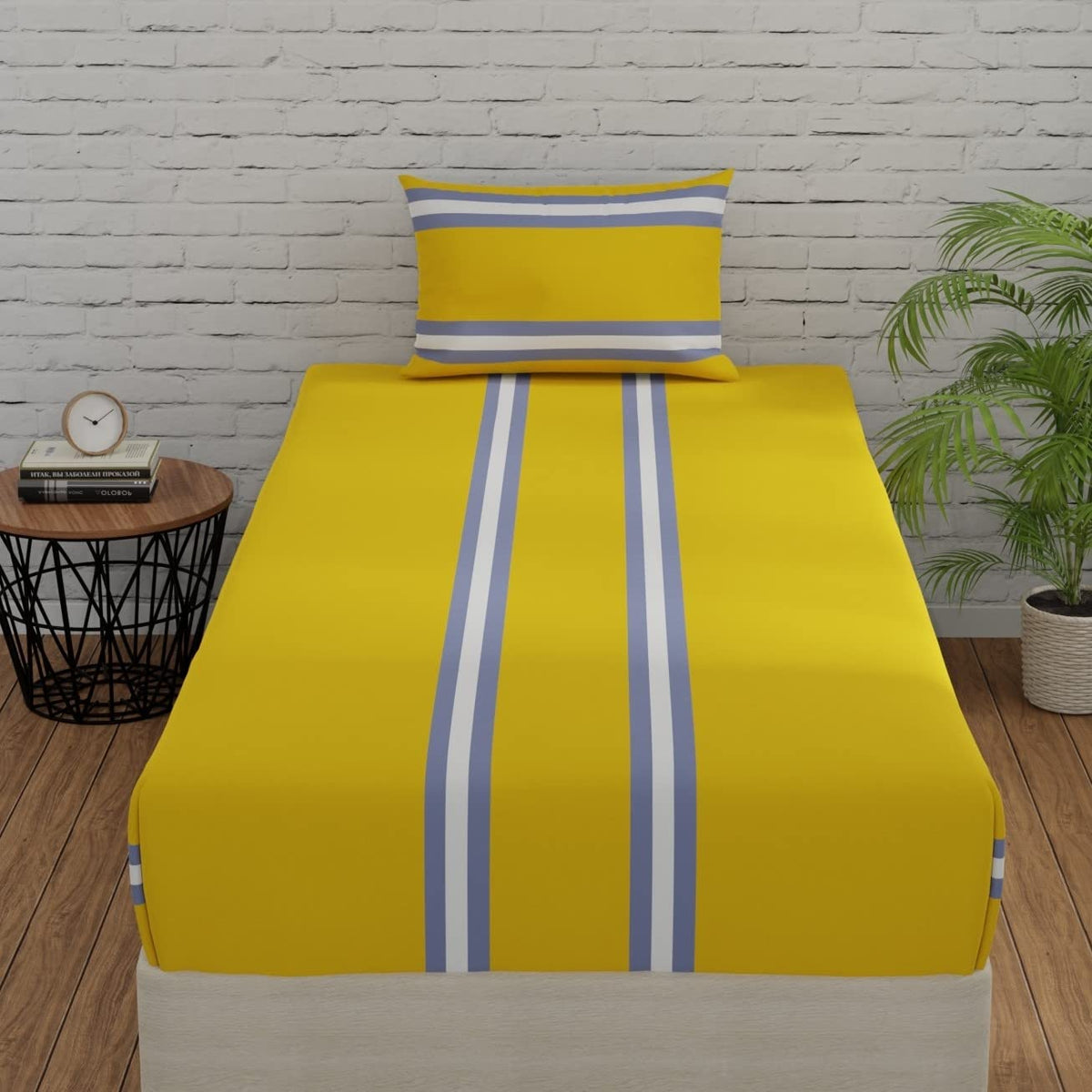 Single Bedsheet Elastic Fitted Cotton With 1 Pillow Cover | 36 X 78 Inches, Yellow & Grey | Ideal For Home, Guest House, Hotel | Soft & Breathable Fabric