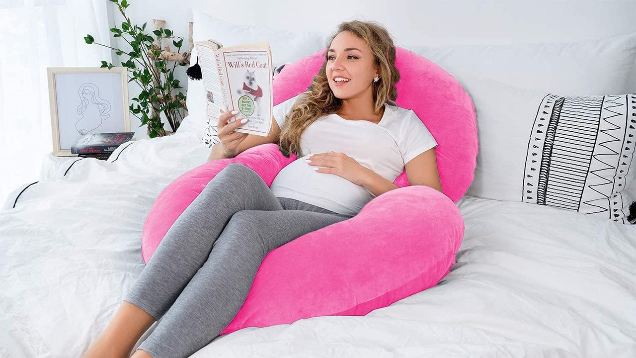 Pregnancy Pillow, Maternity Body Pillow For Sleeping, C Shaped Pillow, Pink - 55 Inch | Full Body Pillow, Pregnancy Pillow For Pregnant Women, Support Belly & Back, Removable Velvet Cover