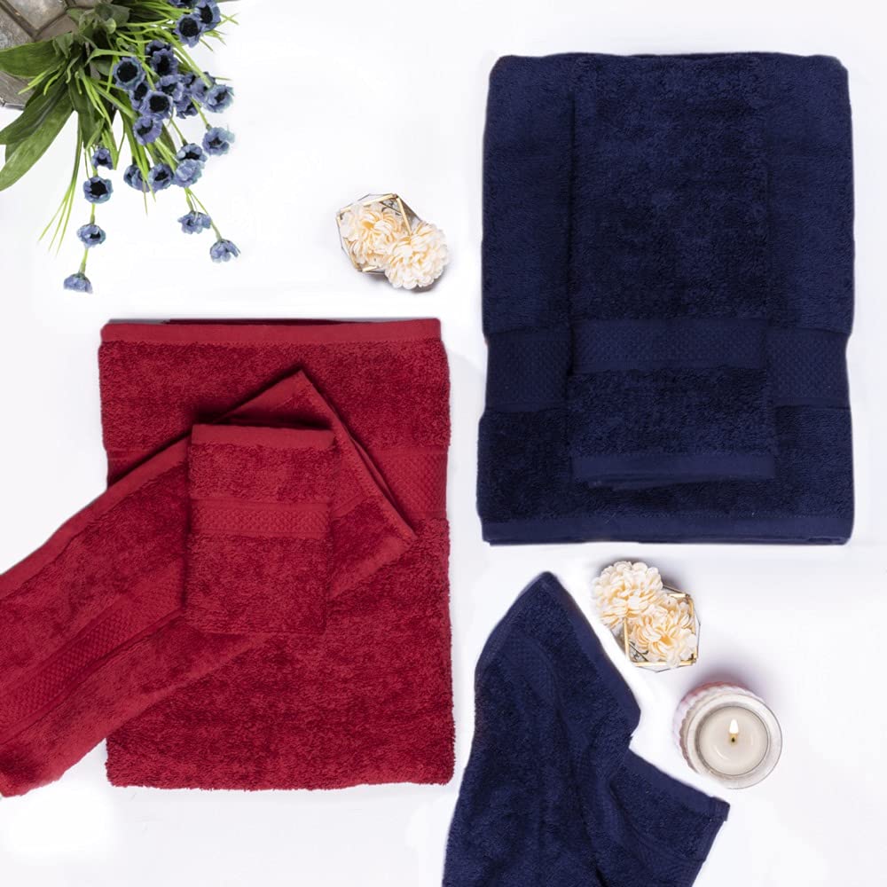 Wakefit Terry Cotton Soft Absorbent Hand Towel 500 Gsm (Chilli Pepper & Navy Blue)- Set Of 4