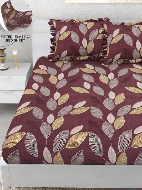 Elastic Fitted Bedsheet King Size With 2 Frill Pillow Covers - 72 X 78 Inches, Brown | Lightweight, Soft & Comfortable | Durable & Long Lasting Wrinkle Resistant Fabric