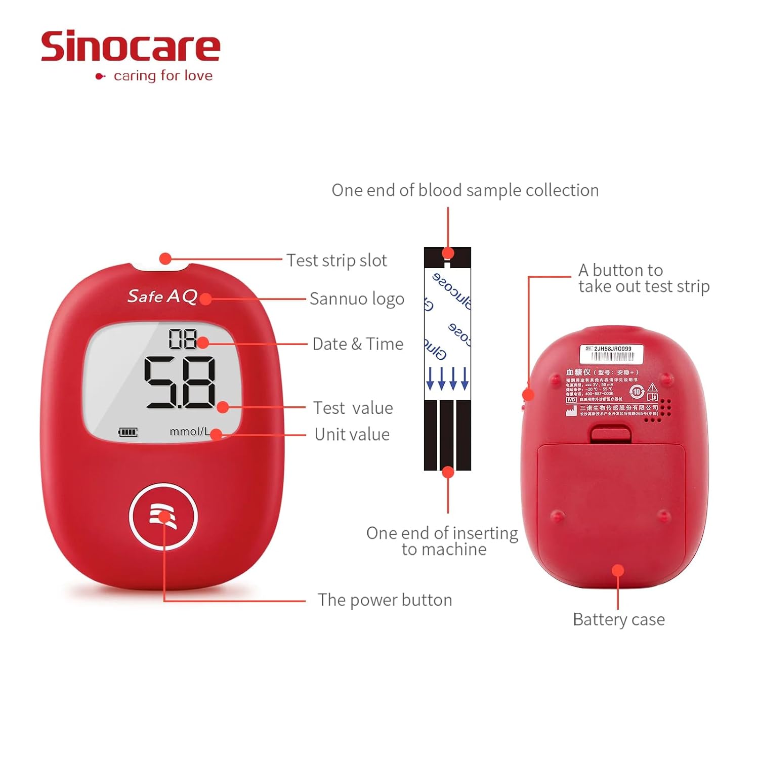 Sinocare Safe AQ Smart Blood Glucose Monitor/Machine - With 10 Strips & Lancets, One Lancet Device | No Coding, Measurements Of Blood Sugar/Diabetes Levels Are Fast, Accurate & Reliable