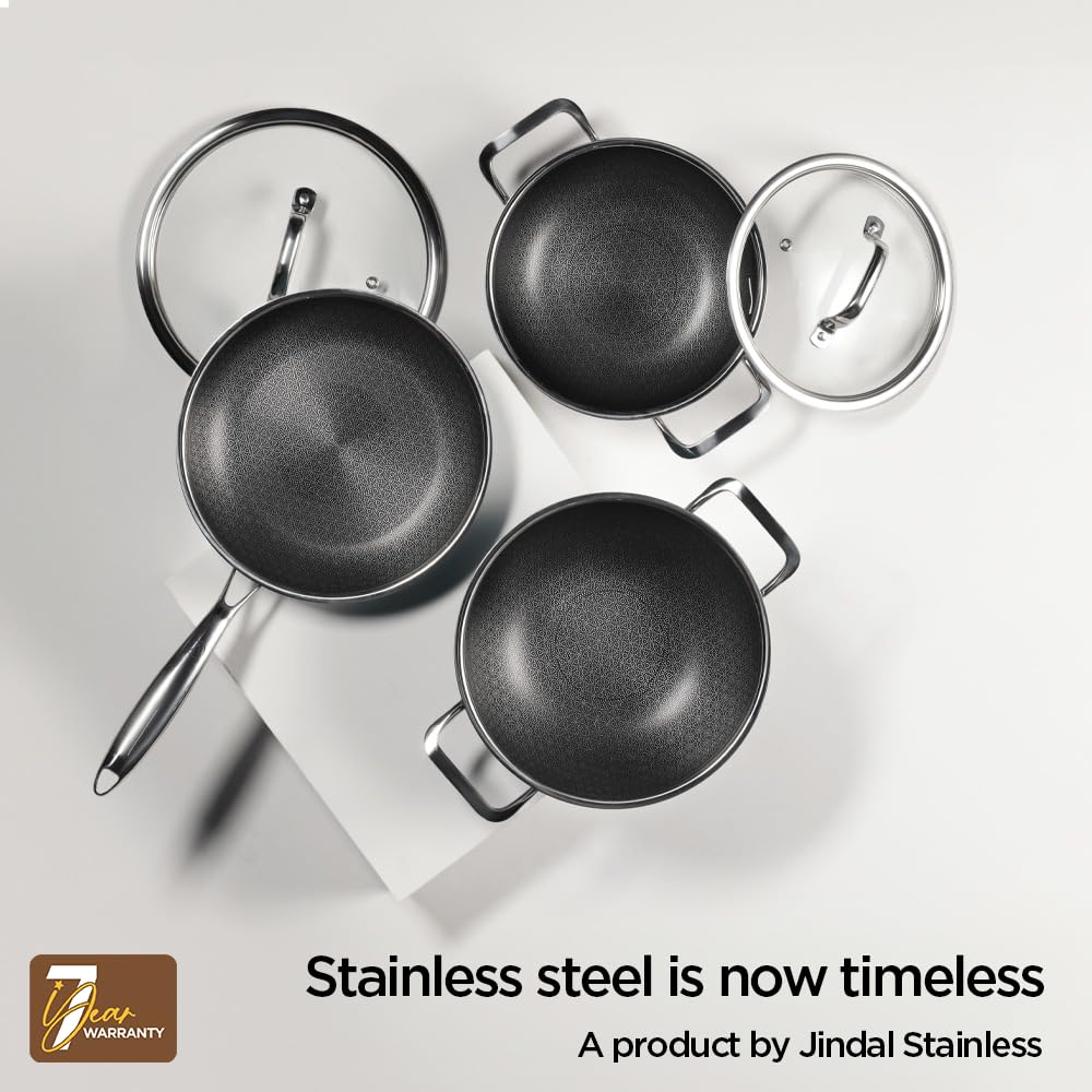 Stellar Stainless Steel Triply Saucepan With Straining Glass Lid - 16 Cm, 1.5 Liters | Milk Pan, Tea Pan Rivet Less Handle - Gas & Induction Base