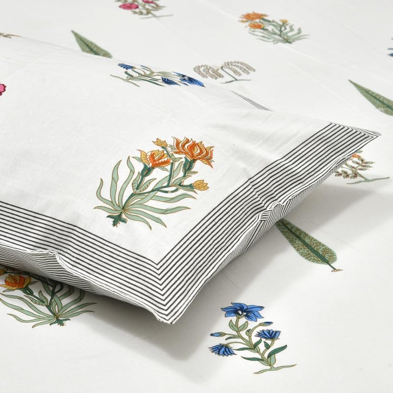 100% Cotton King Size Bedsheet With 2 Matching Pillow Covers - 90 X 108 Inches, White | Designer Printed Bedsheet Set - Naturally Soft, Breathable, & Skin-Friendly