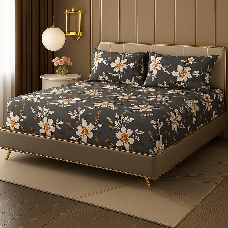 Cotton Elastic Fitted Double Bedsheets King Size With 2 Pillow Covers - 72x78+10 Inches, Dark Grey | Luxurious Softness & Breathable Comfort Crafted Bedsheet