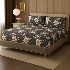 Cotton Elastic Fitted Double Bedsheets King Size With 2 Pillow Covers - 72x78+10 Inches, Dark Grey | Luxurious Softness & Breathable Comfort Crafted Bedsheet