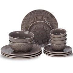 Handcrafted Stoneware Ceramic Dinner Set Of 14 Pcs With Serving Bowl Set - Ash Grey | 4 Dinner Plates+ 4 Small Plates+ 4 Small Bowls, 180ml Each+ 2 Serving Bowls, 1000ml Each