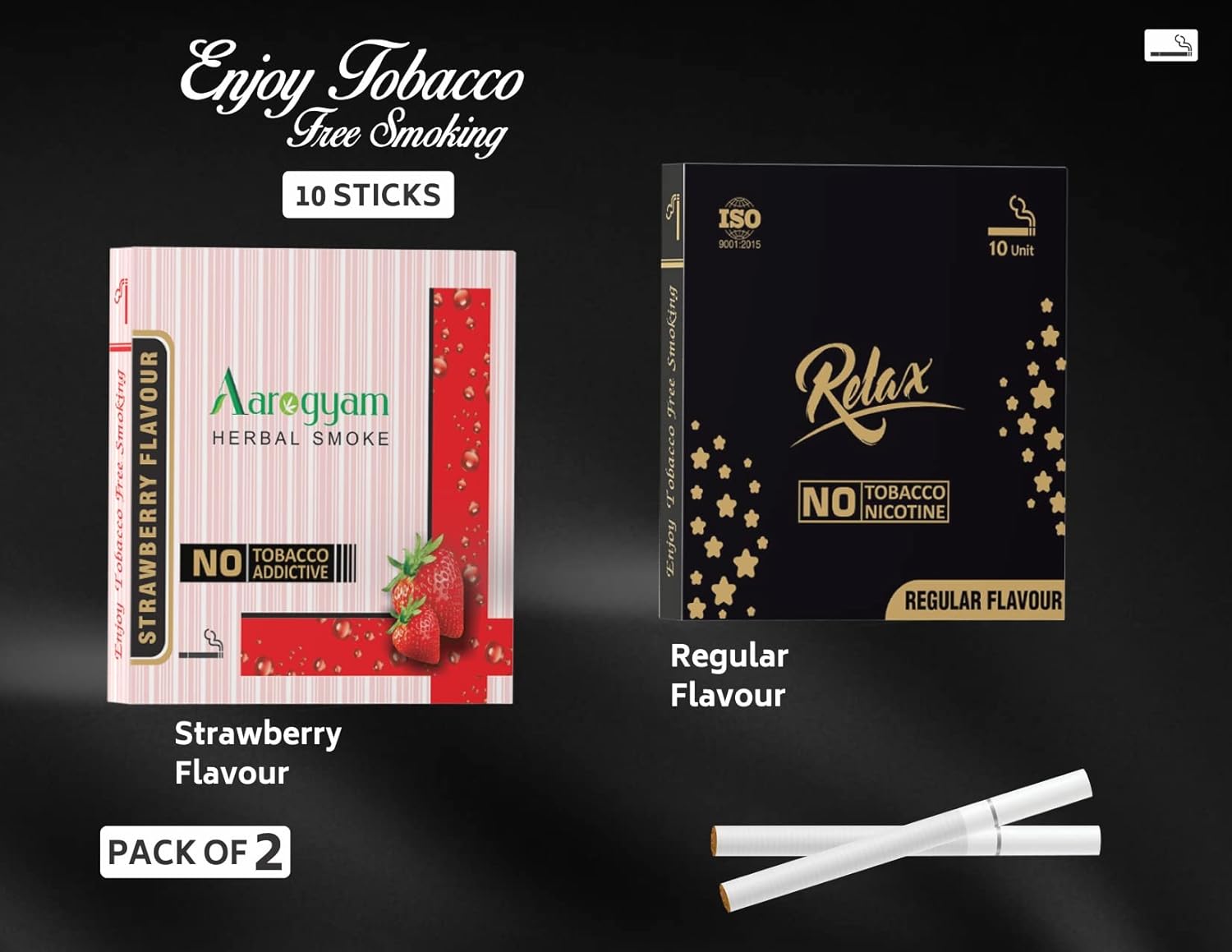 Aarogyam Herbals Pack Of 2 Flavours 100% Tobacco & Nicotine Free Cigarette For Relieve Stress & Mood Enhance Product Relax Regular, Strawberry - 10 Sticks X 2 Packets
