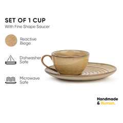 Ceramic Coffee Cup Saucer Set - Beige Reactive, 250ml | Ceramic Mug With Glossy Finish | Mug For Coffee - Ceramic Coffee Mug | 1 Cup + 1 Saucer - Microwave Safe