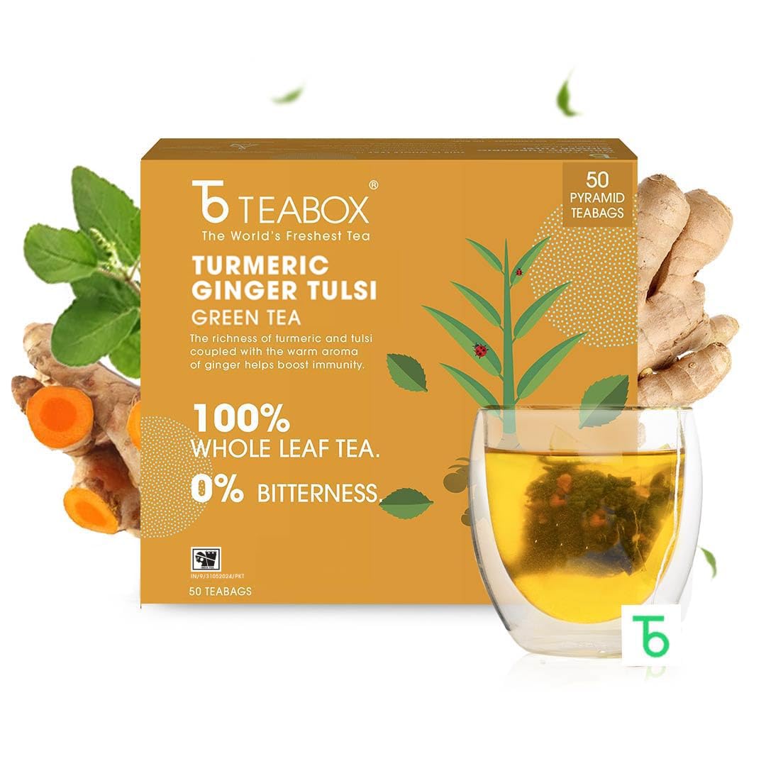 Teabox Turmeric Ginger Tulsi Green Tea - 50 Tea Bags | Made With 100% Whole Leaf, Natural Ginger, Turmeric & Tulsi - Flavorful & Soothing Tea | Low Caffeine, 0% Bitterness