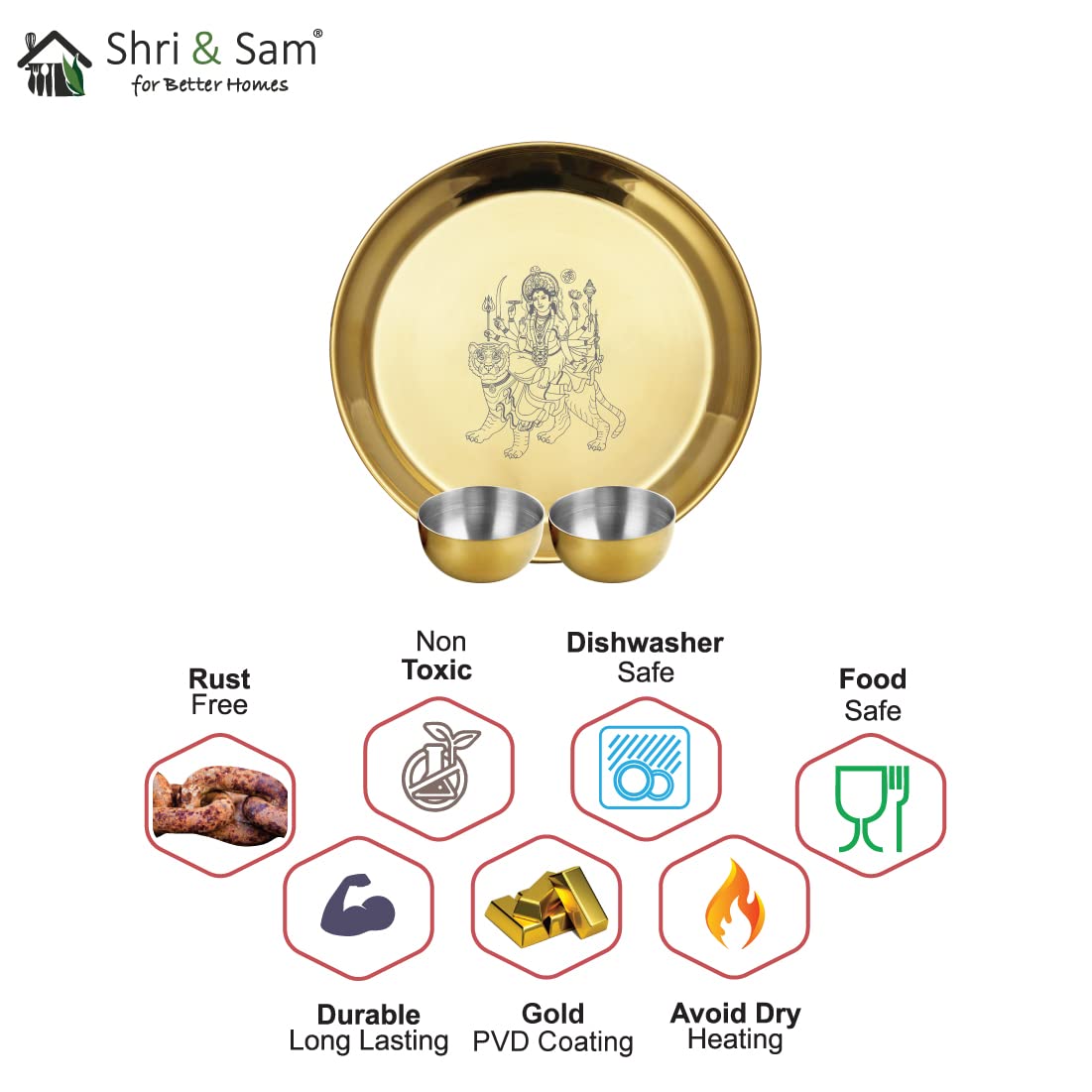 Stainless Steel Durga Mata Pooja Thali Set Of 3, Rose Gold PVD Coating | 1 Pooja Thali+ 2 Katoris - Easy To Clean & Dishwasher Safe