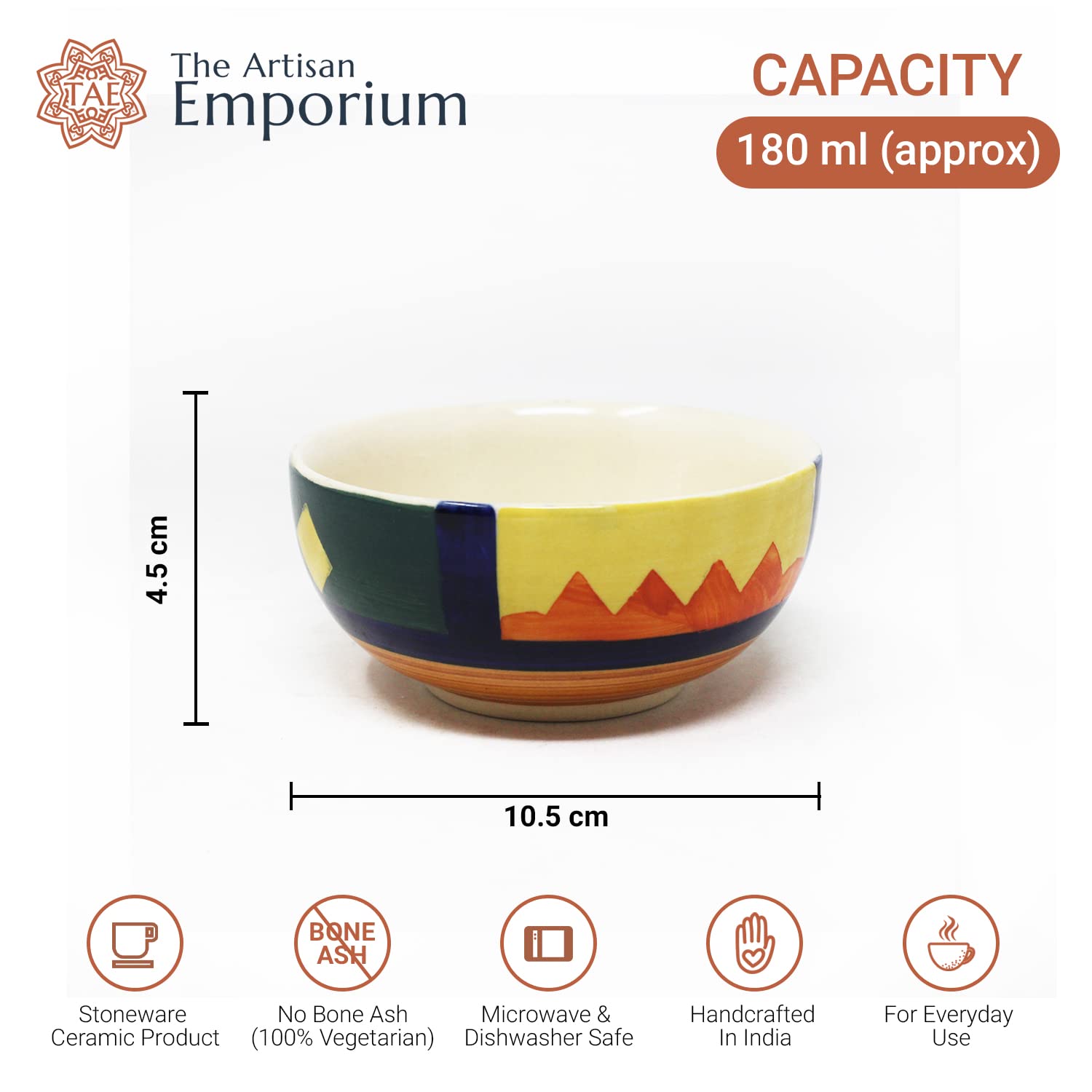 Boho Fiesta Hand Painted Ceramic Dining Bowl Katoris - 4 Pieces, 180ml Each, Multicolor | Ceramic Bowls - Serving Bowls For Dinner, Snacks & Dessert - Microwave Safe