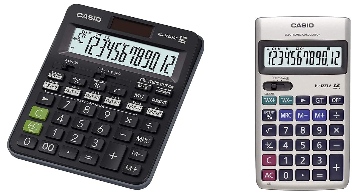 Casio MJ-120GST GST Calculator (Black) & Casio HL-122TV Portable Calculator With Metal Faceplate & GT Key, 12 Digit