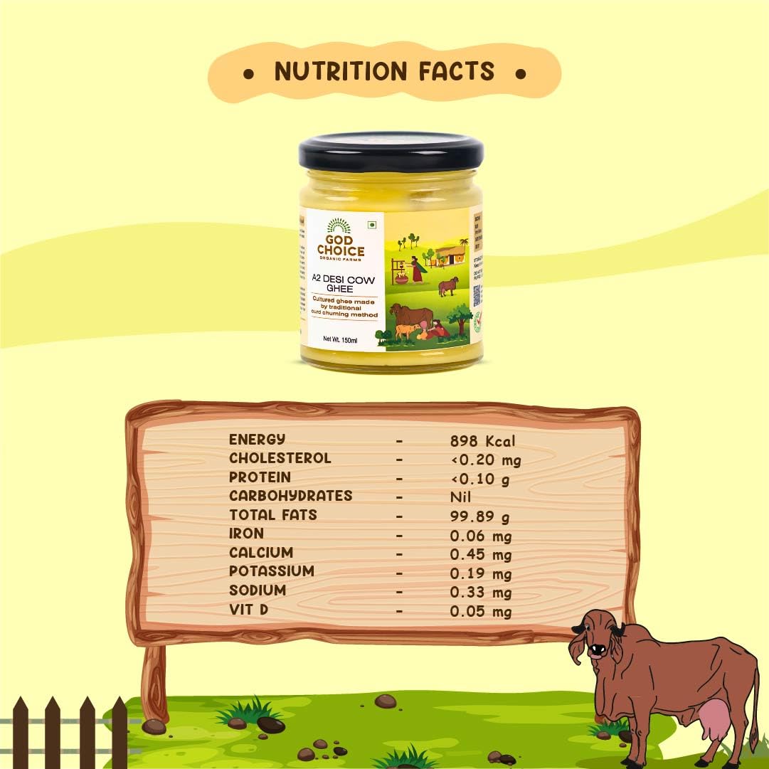 Organic Natural A2 Desi Cow Ghee By God Choice Organic Farms | High In Protein Fiber Healthy Desi Ghee For Bakes Cookies | (150ml) 5.0 Ounce | Jar Pack