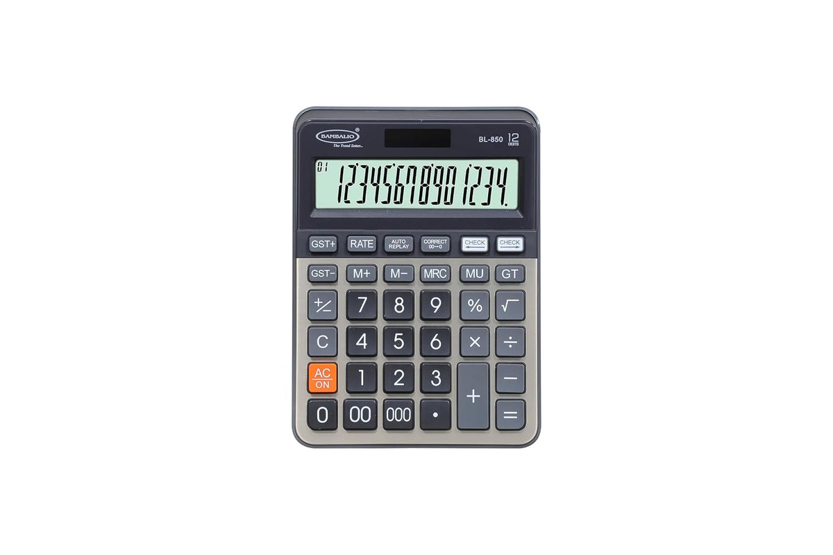 Bambalio BL-850 Large 12 Digits Display With Golden Metallic Panel | 3 Years Warranty Electronic Calculator With Tax Keys - 112 Steps Check And Correct