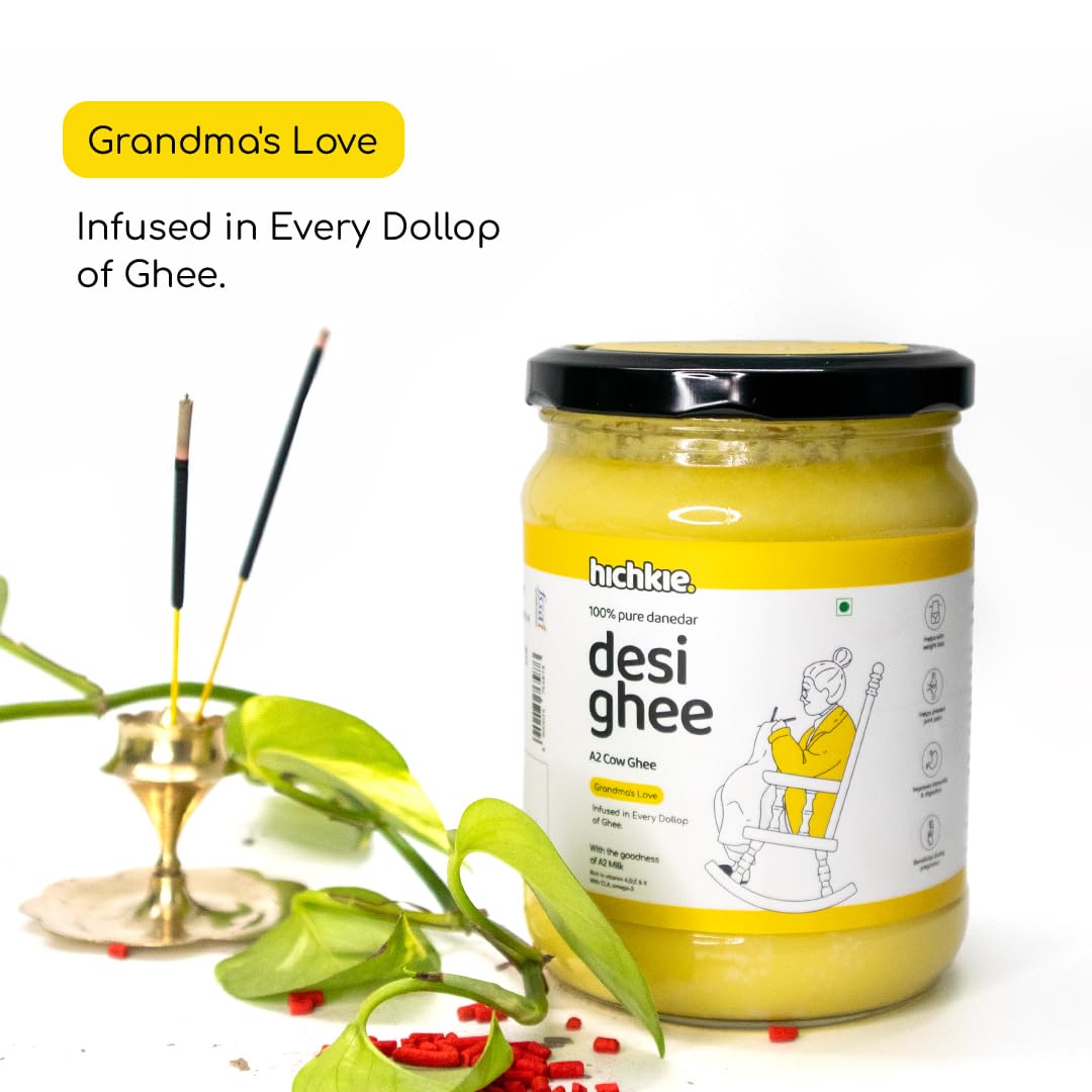 Pure Natural A2 Cow Desi Ghee By Hichkie | Rich In Vitamin A & Healthy Nutrients Desi Ghee Perfect For Overall Health | (500ml) 16.9 Ounce | Jar Pack