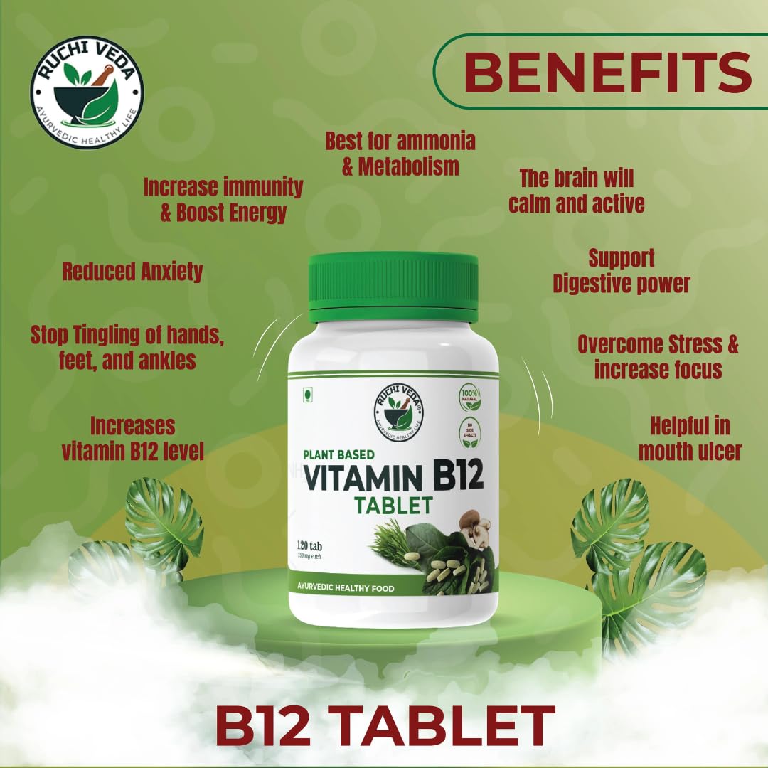 Ruchi Veda Plant - Based Vitamin B12 , Increased B12 Levels, Immunity Booster & Digestive Health | 120 Tablets , 200gm 0.4lbs