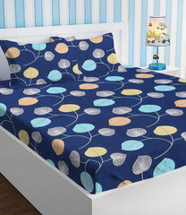 Elastic Fitted Printed Double Bedsheet King Size With 2 Pillow Covers | 72 X 78 Inches, Dark Blue - Breathable Long Lasting Light Weight Wrinkle Free