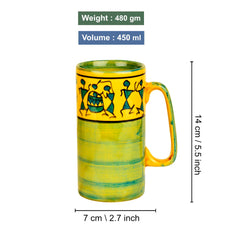 Ceramic Hand-Painted Worli Art Tall Beer Mugs Set Of 2 - 450ml Each, Green & Golden | Large Beer Glasses - Big Milk Mugs