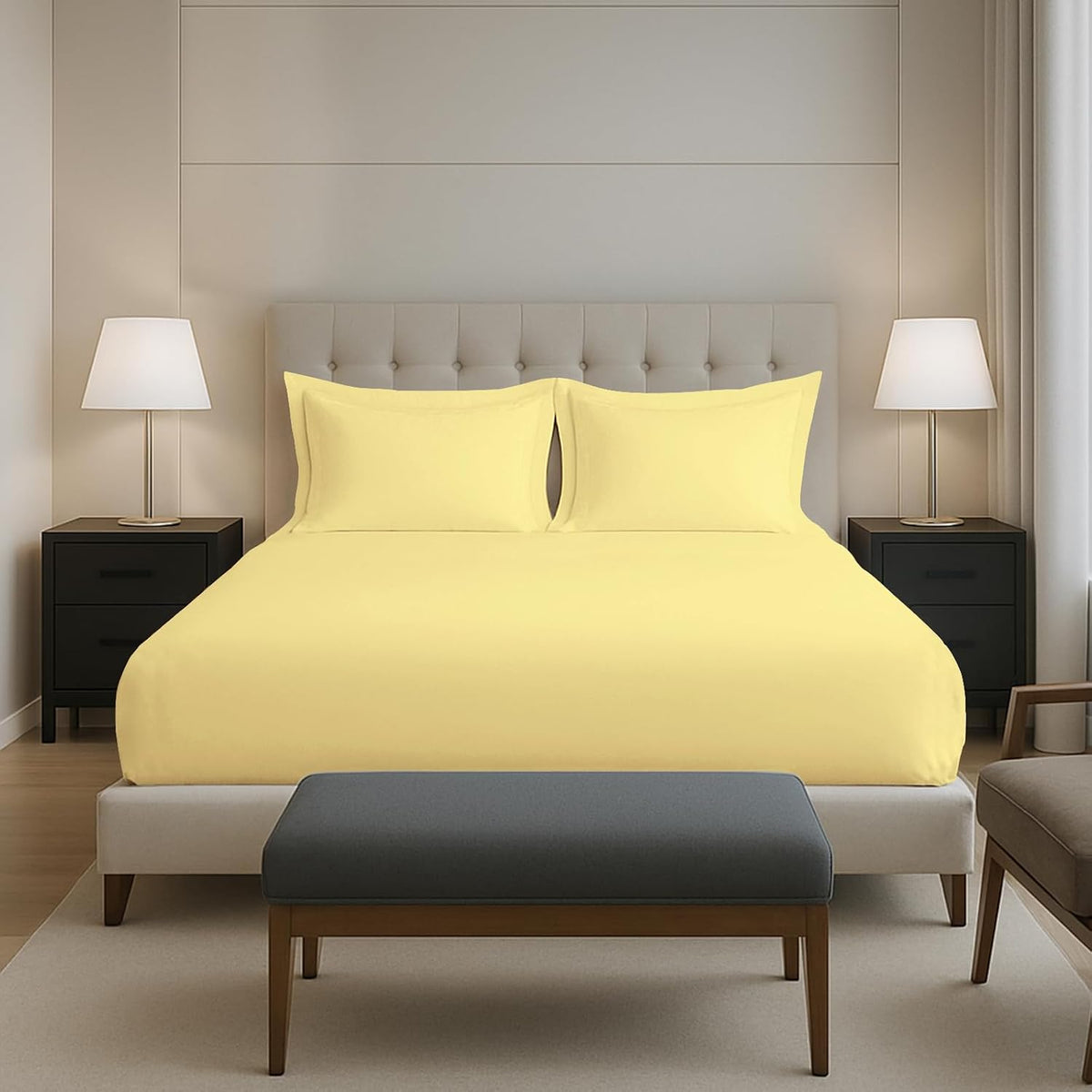 Cotton Elastic Fitted Bedsheets King Size Two Pillow Cover - 74 X 78 Inches, Yellow | Breathable & Smooth Bedding Wrinkles | Elegant Hotel Like Look