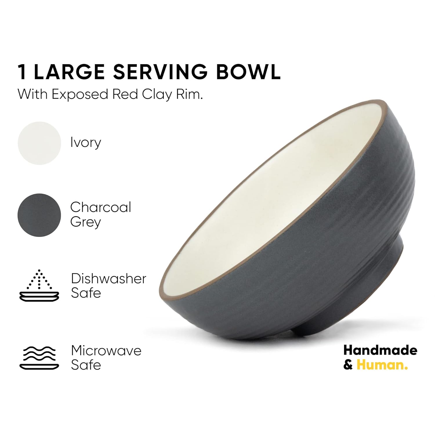 Ceramic Large Serving Bowls Set Of 1 Pc - 1500ml, Grey White | Premium Ceramic Bowls - Microwave Safe Bowls | Ceramic Bowl With Glossy Finish - Large Size Bowl