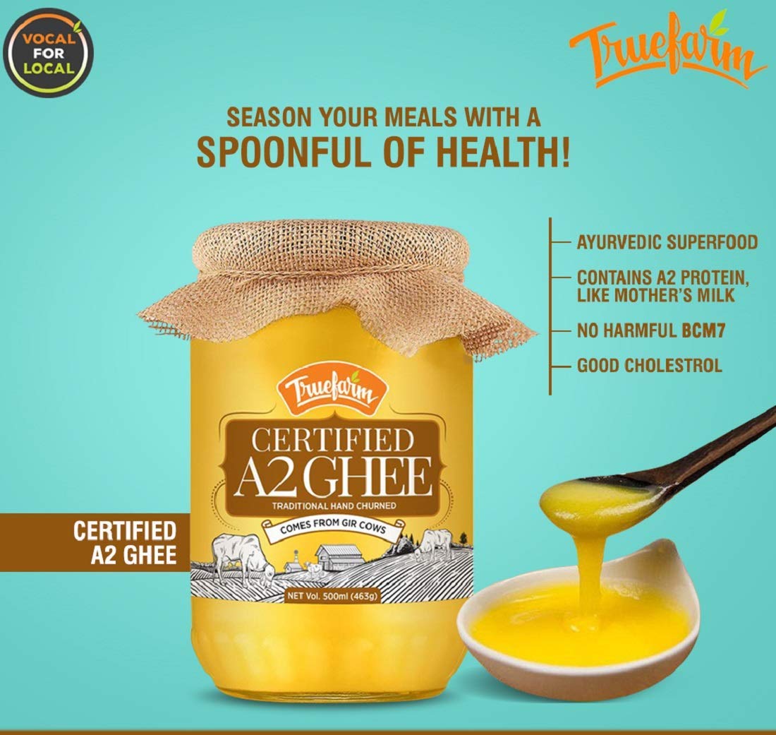 Organic Certifed A2 Ghee By Truefarm | Traditional Hand Churned Vedic Bilona Method Shuddh Desi Ghee Good For Health | (500ml) 16.9 Ounce | Jar Pack