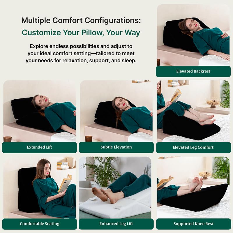 Wedge Pillow, Memory Foam Adjustable Bed Wedge Pillow, For Back Support, Black - 24 L X 22 W X 12 H Inches | For Acid Reflux, Leg Support, Sleep Apnea, Leg Elevation With Removable Cover