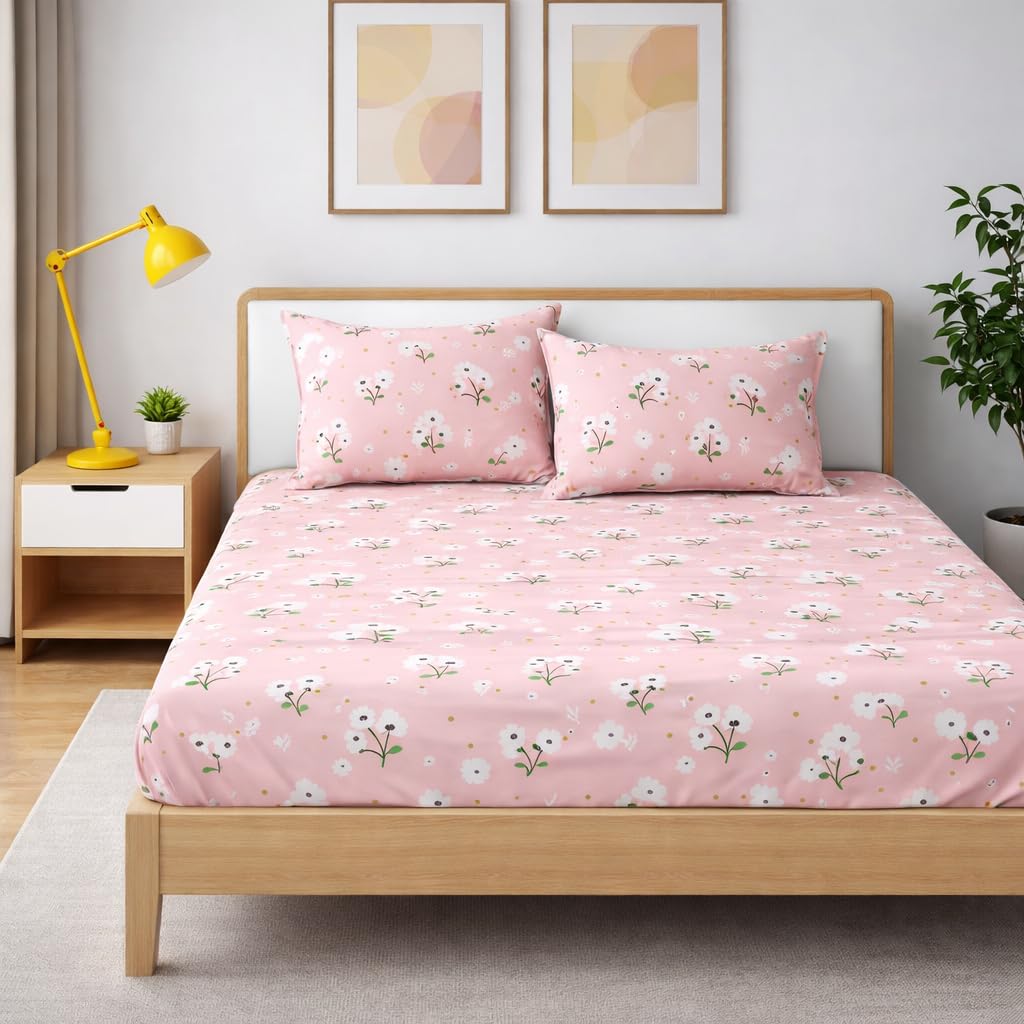 Elastic Fitted Bedsheet Queen Size With 2 Pillow Covers - 60 X 78 Inches, Pink & White | Lightweight, Soft & Comfortable | Durable & Long Lasting Wrinkle Resistant Fabric