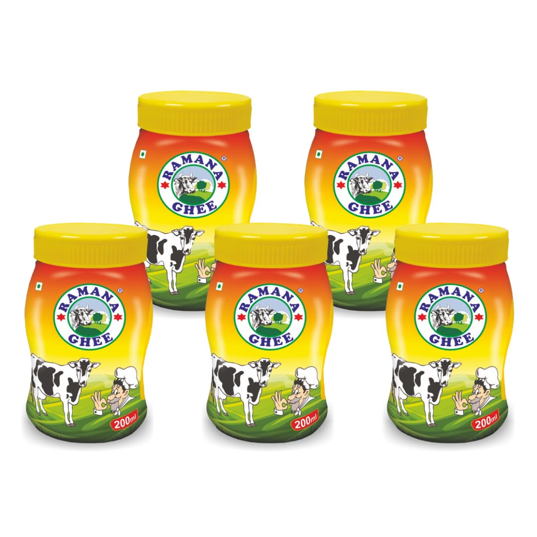 Organic Indian Cow Ghee By Ramana Ghee | Highly Nutritious Pure Traditional Ghee Perfect For Baking | 1 Litre (200ml * 5) 33.8 Ounce | Jar Pack