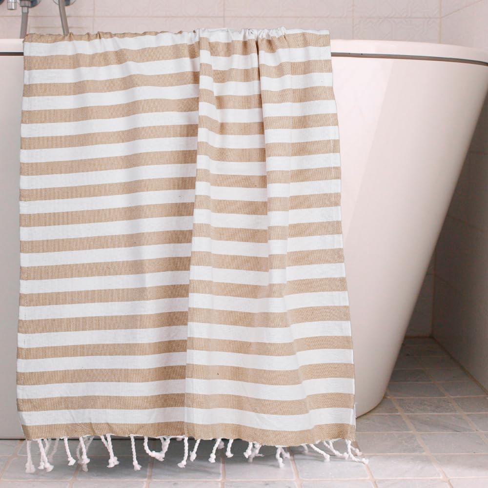 Homadorn 100% Cotton Striped Fouta Bath Towels 1400 Gsm | Soft Quick Dry & Absorbent Hand-Knotted Tassels | Turkish Hamam Towel (Beige- White)- Pack Of 4