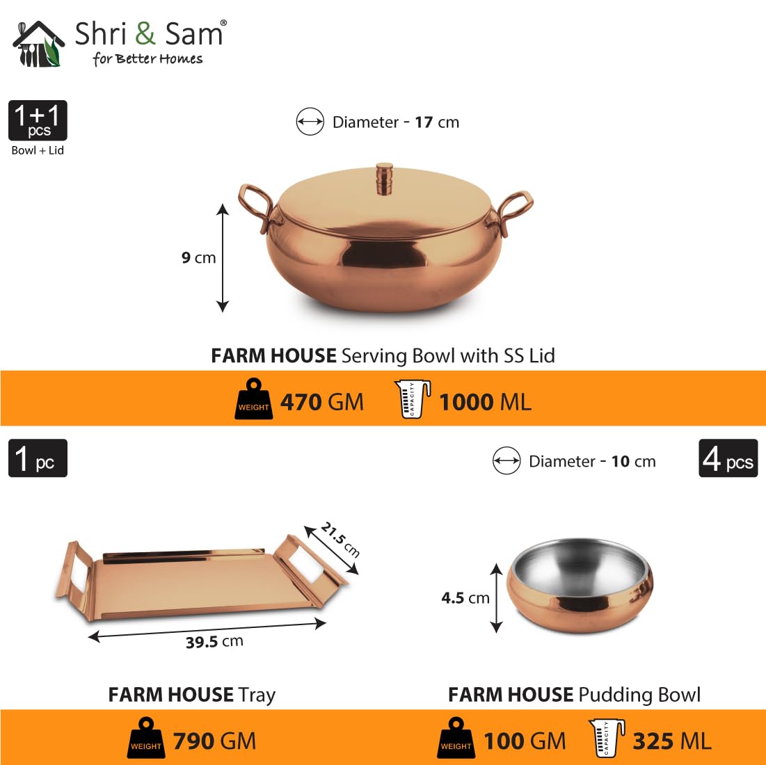 Stainless Steel Farm House Serving Set, Rose Gold | 1 Big Serving Bowl With Lid, 1000ml + 4 Small Bowls+ 1 Tray