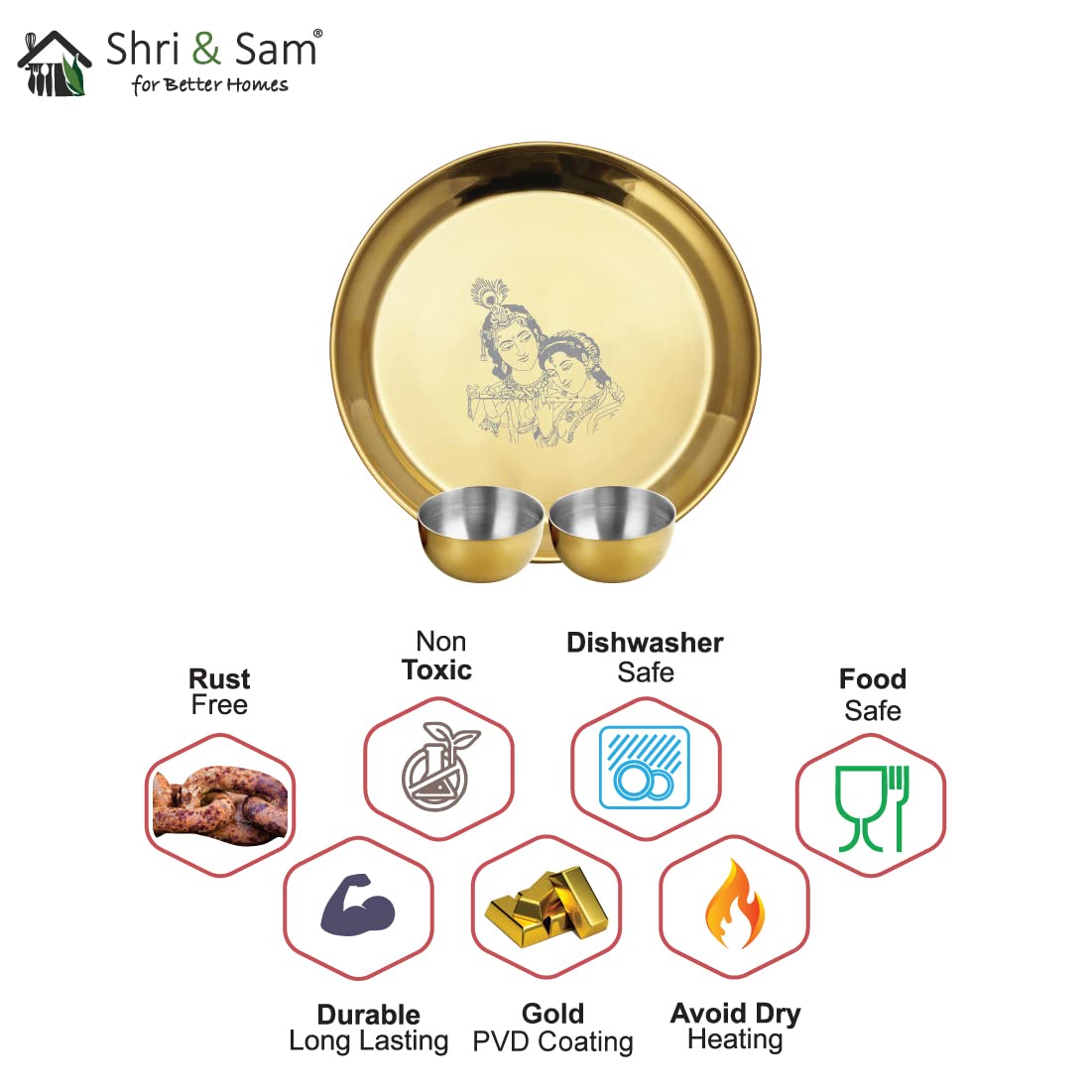 Stainless Steel Radha Krishna Pooja Thali Set Of 3, Gold PVD Coating | 1 Pooja Thali+ 2 Katoris - Easy To Clean & Dishwasher Safe