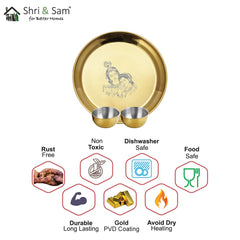Stainless Steel Radha Krishna Pooja Thali Set Of 3, Gold PVD Coating | 1 Pooja Thali+ 2 Katoris - Easy To Clean & Dishwasher Safe