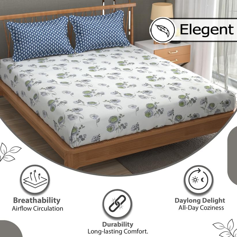Bedsheet For Double Bed Queen Size With 2 Pillow Cover - 100 X 100 Inches, White & Blue | Perfect For Gifting On Weddings Bedsheet